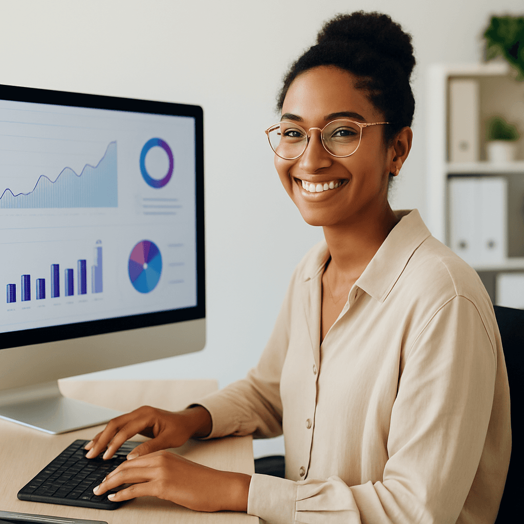 Smiling woman wearing glasses sits at a desk with a computer screen showing colorful charts and graphs, representing freelancers tracking performance data.