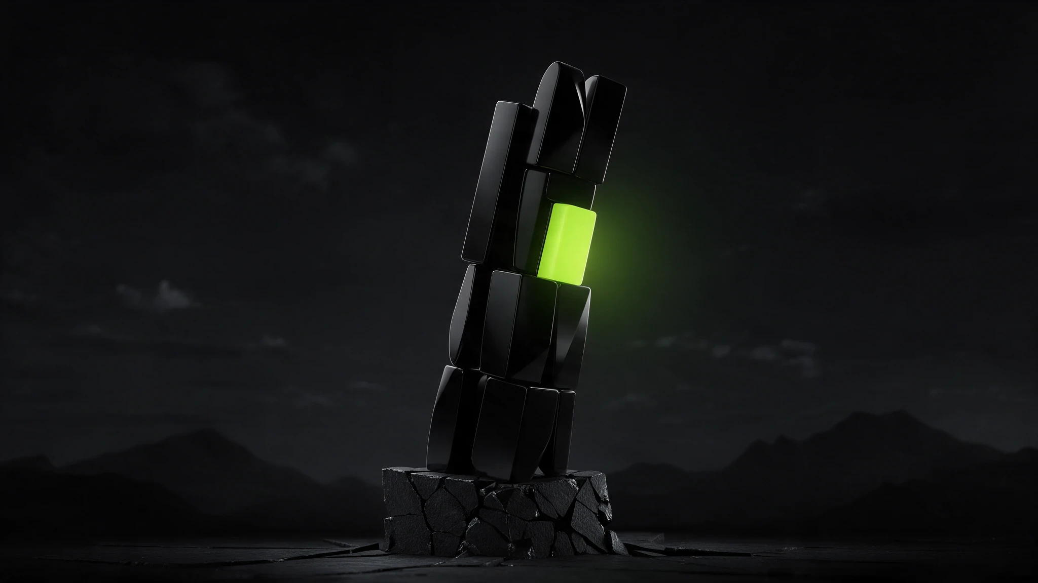 Dark leaning tower of blocks cracking at the base, one green-glowing block holding it up