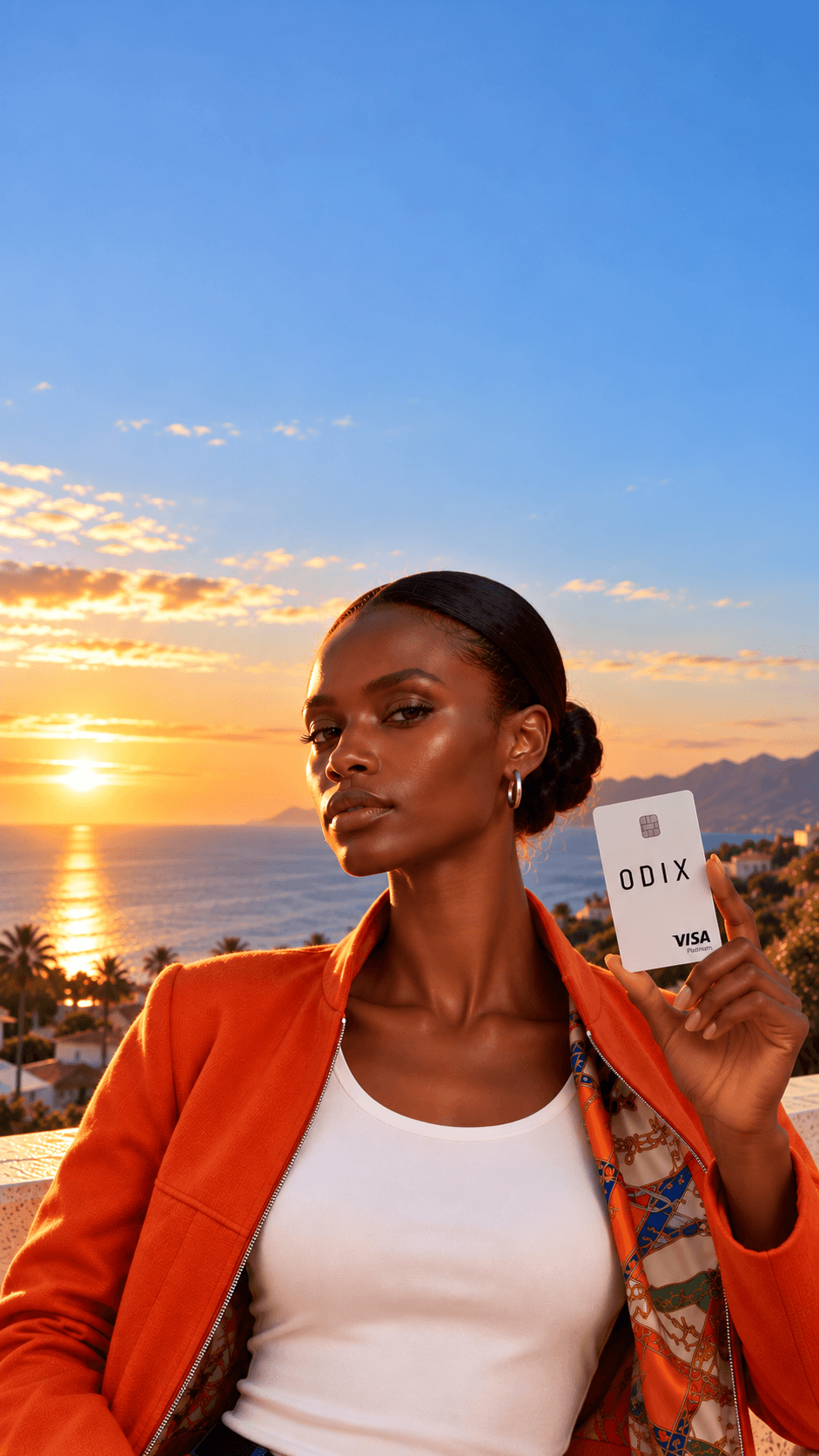 Woman holding an Odix Visa card at sunset