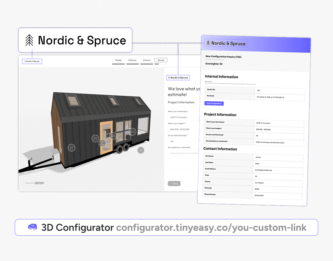 Branded 3D configurator for Nordic & Spruce, featuring a tiny home model, custom quote form, logo integration, custom thumbnail imagery, and a web-hosted link for seamless customer access.