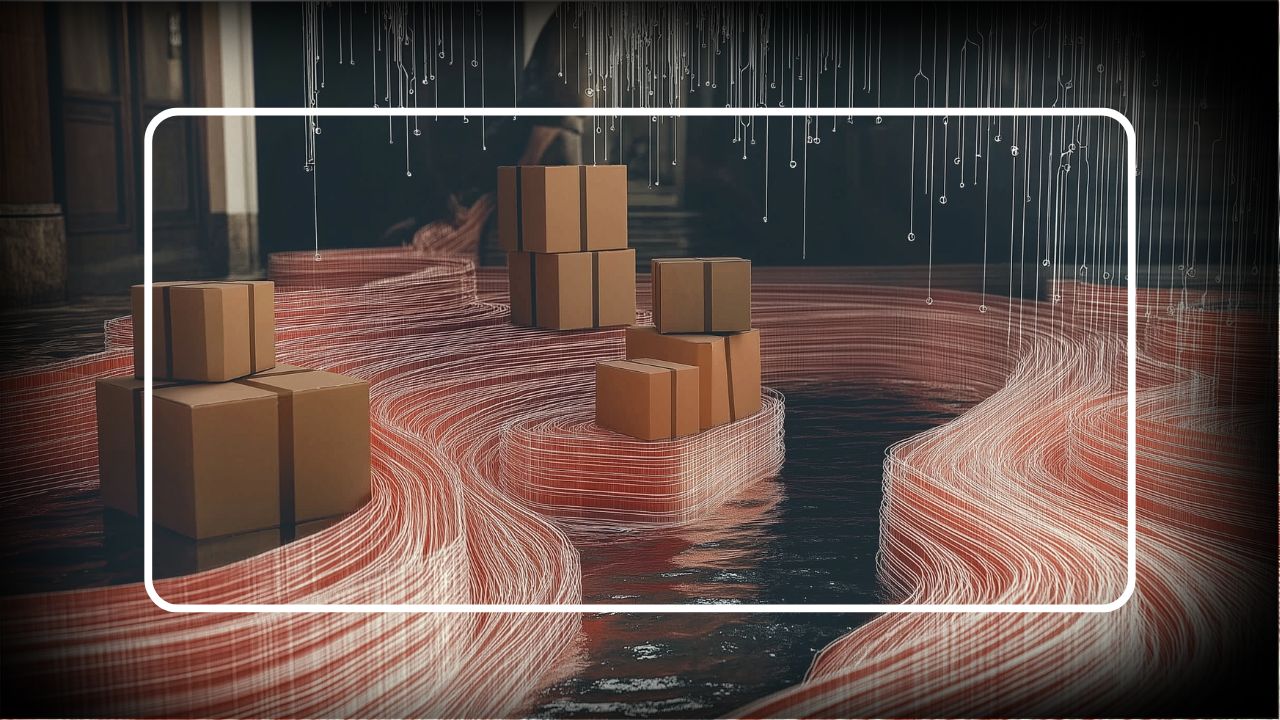 Stacks of cardboard boxes surrounded by flowing digital lines and data streams