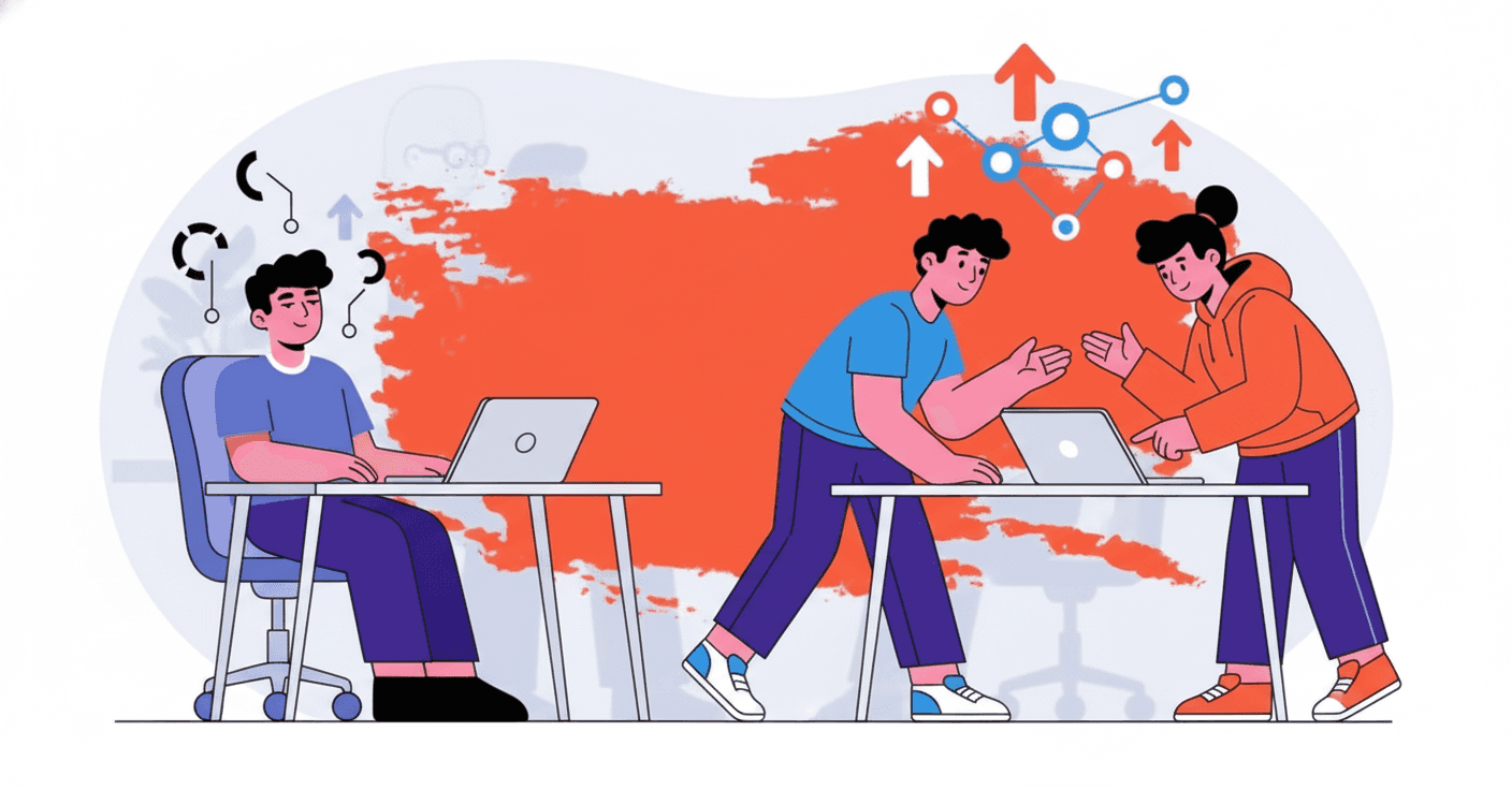 A modern, professional illustration showing the concept of employee engagement. Split composition: on one side, a disengaged employee sitting passively at a desk looking content but disconnected; on the other side, an engaged employee actively collaborating, leaning forward with energy and focus. Use clean lines, professional business style with blue and orange accent colors. Show visual metaphors for connection like linking nodes, upward arrows, and collaborative gestures. No text or letters.