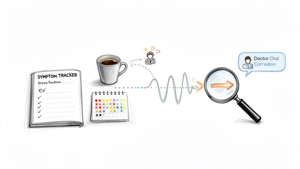 Illustration showing symptom tracking, daily routines, data analysis, and doctor chat correlation for health insights.
