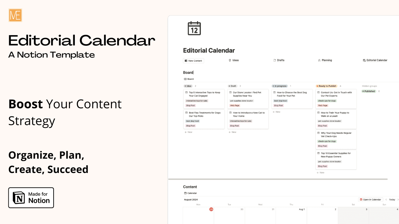 Screenshot of the main page of Editorial Calendar in Notion Template, where you can see a list of buttons Ideas, Planning, Draft and a calendar with the content that is already scheduled.