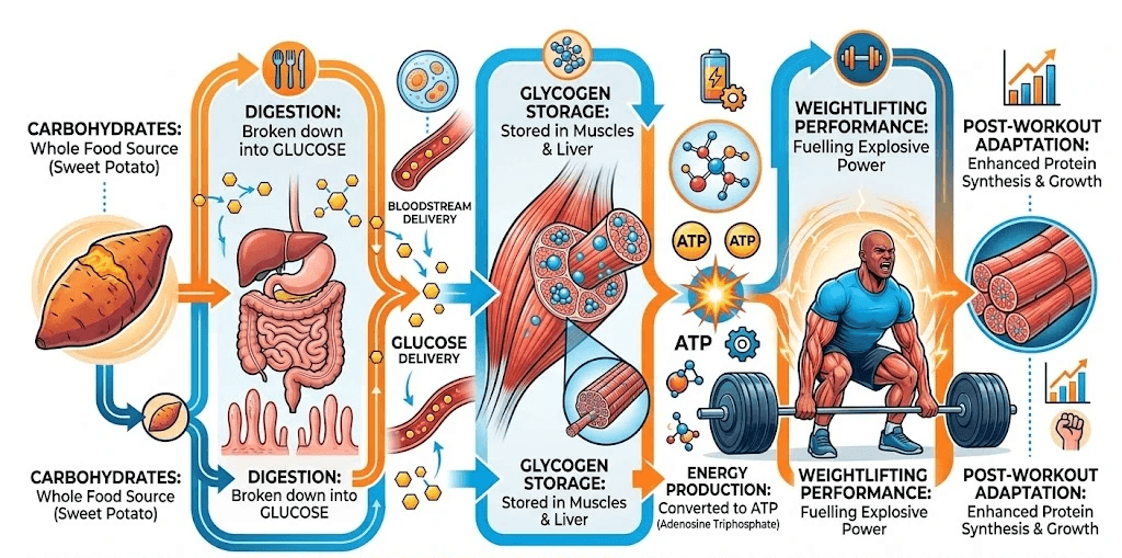 A professional sports nutrition infographic illustrating the process of carbohydrate metabolism from a sweet potato to muscle growth. The diagram shows stages of digestion, glucose delivery, glycogen storage, energy production, weightlifting performance, and post-workout adaptation.