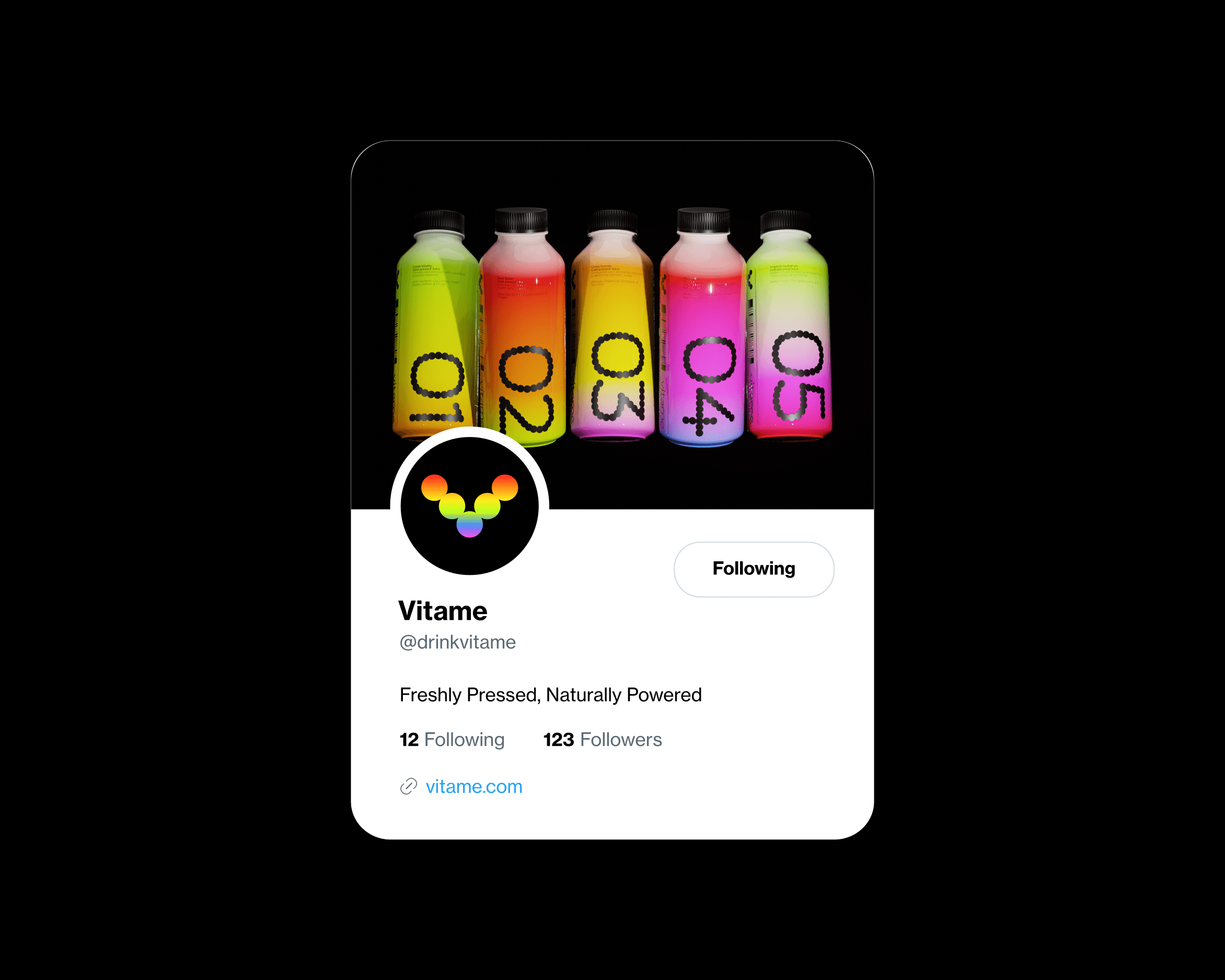 A mockup of Vitame's X (Twitter) profile, showing the logo in a vibrant rainbow gradient against a black background as the profile photo, and a photo of the vibrantly colored juice bottles against a black background as the banner.