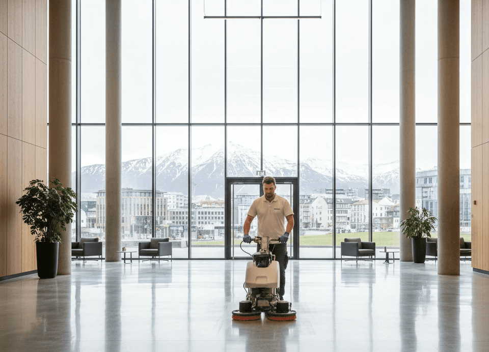 Vélhreinsun á gólfi í anddyri atvinnuhúsnæðis.