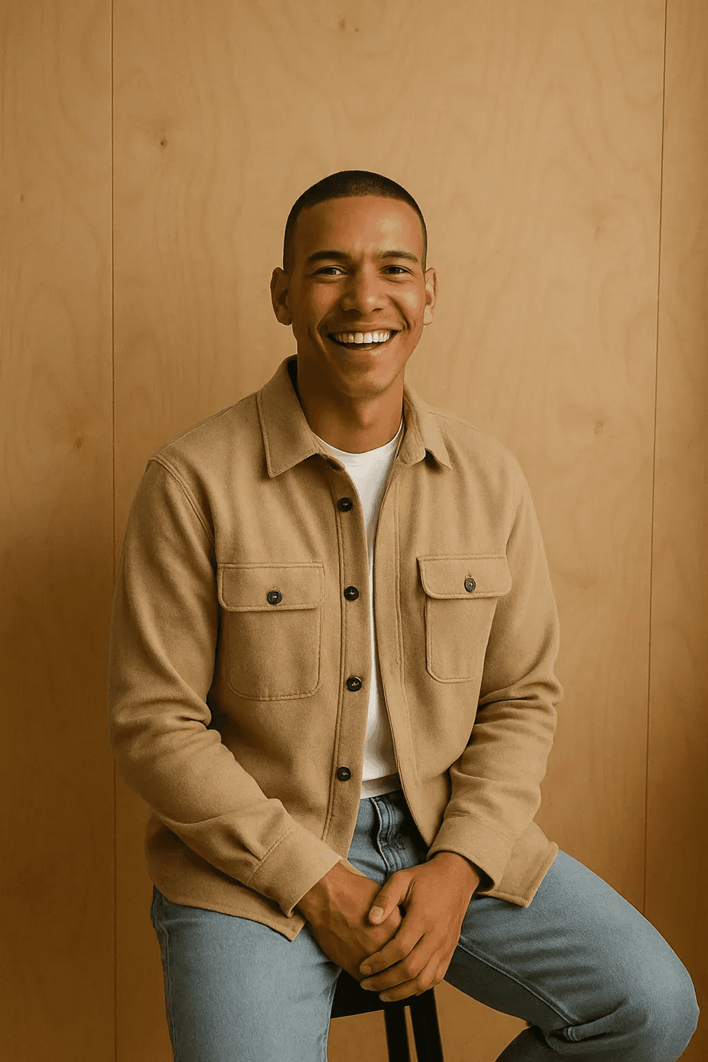 Smiling man wearing a beige overshirt and jeans, seated against a light wooden background.