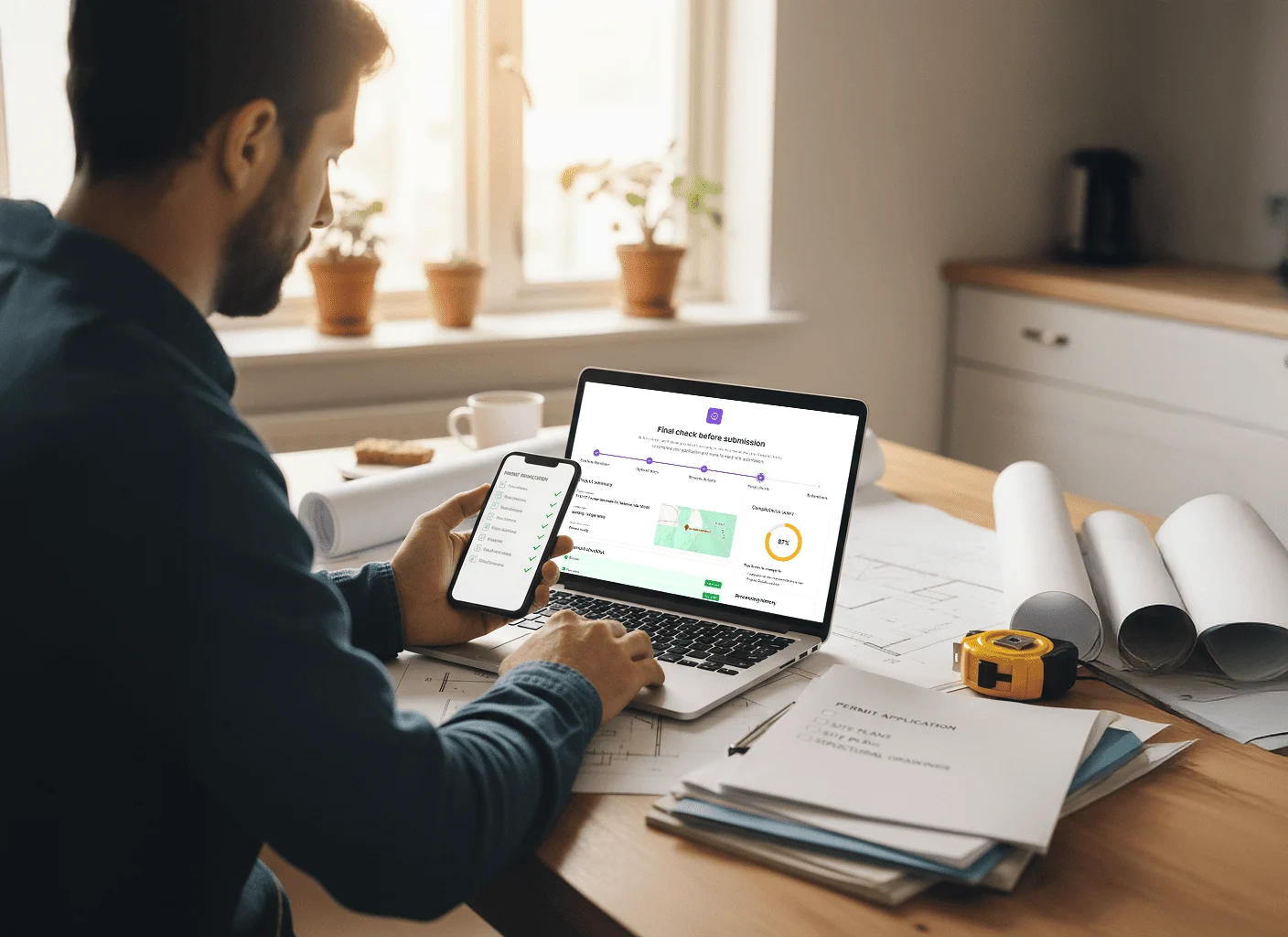 A man holding a smartphone infront of a laptop