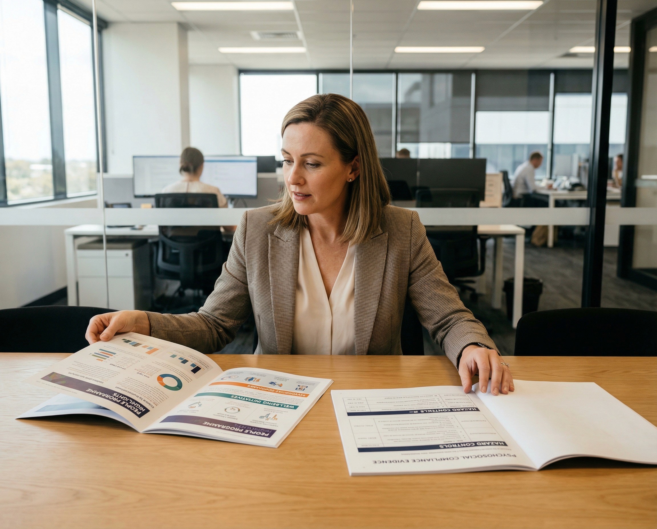 A people-and-culture partner in her early 40s sitting in a glass-walled meeting room in a professional services firm — the kind of space with clean lines, a single long table, and a view onto rows of quiet, focused workstations where consultants and analysts are working. She has two documents in front of her, side by side. One is a polished, branded people programme report — engagement scores, wellbeing initiative summaries, programme highlights — recognisable as a high-quality internal document. The other is a structured psychosocial compliance evidence summary — hazard categories, control status indicators, time-stamped assessment records — visibly different in structure and purpose. She is looking between the two with the expression of someone who has just understood the gap: the first one is good work, but it does not answer what a regulator will ask. The second one does.