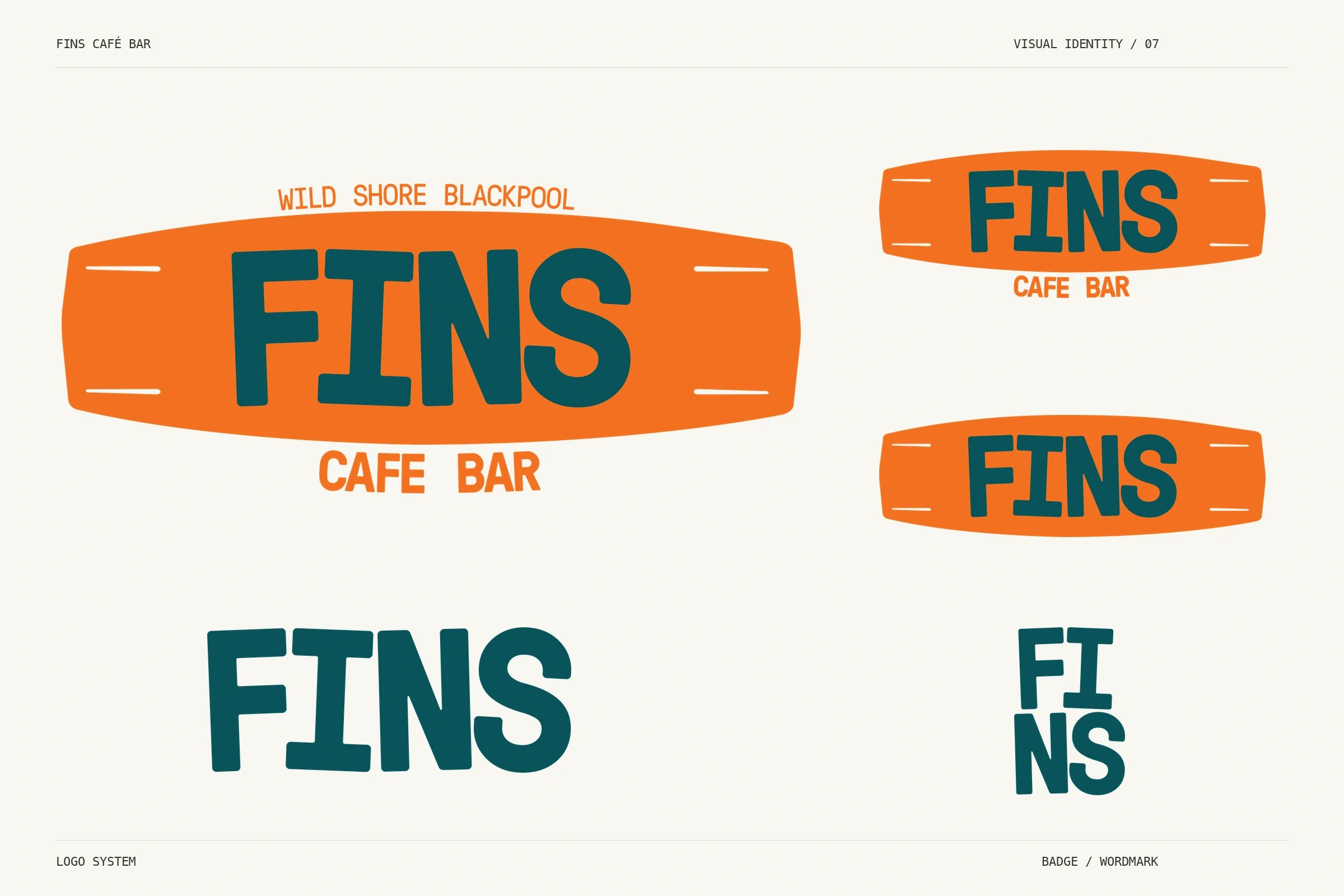 FINS Café Bar editorial logo system. Orange badges with teal lettering and teal wordmarks, showing five supplied logo variants.