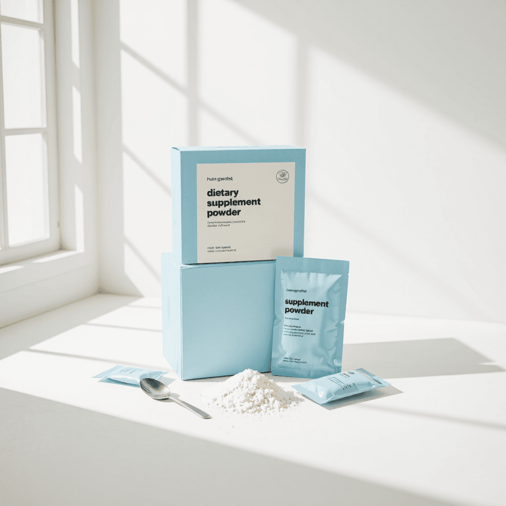 product photography of a box of dietary supplement powder with individual sachets