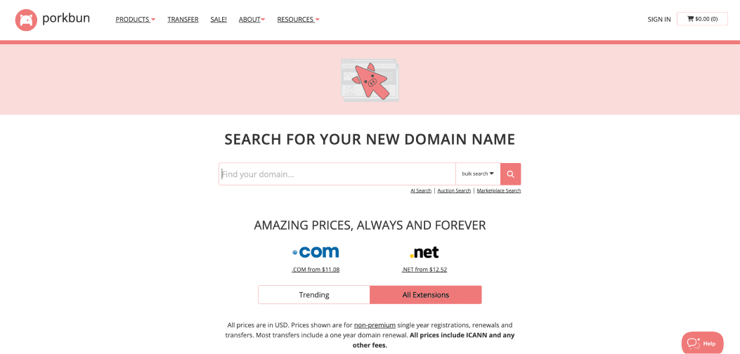 Screenshot of Porkbun’s homepage showing a domain search bar under the heading “Search for your new domain name.” Below are domain pricing options including .com from $11.08 and .net from $12.52, with buttons for “Trending” and “All Extensions.”