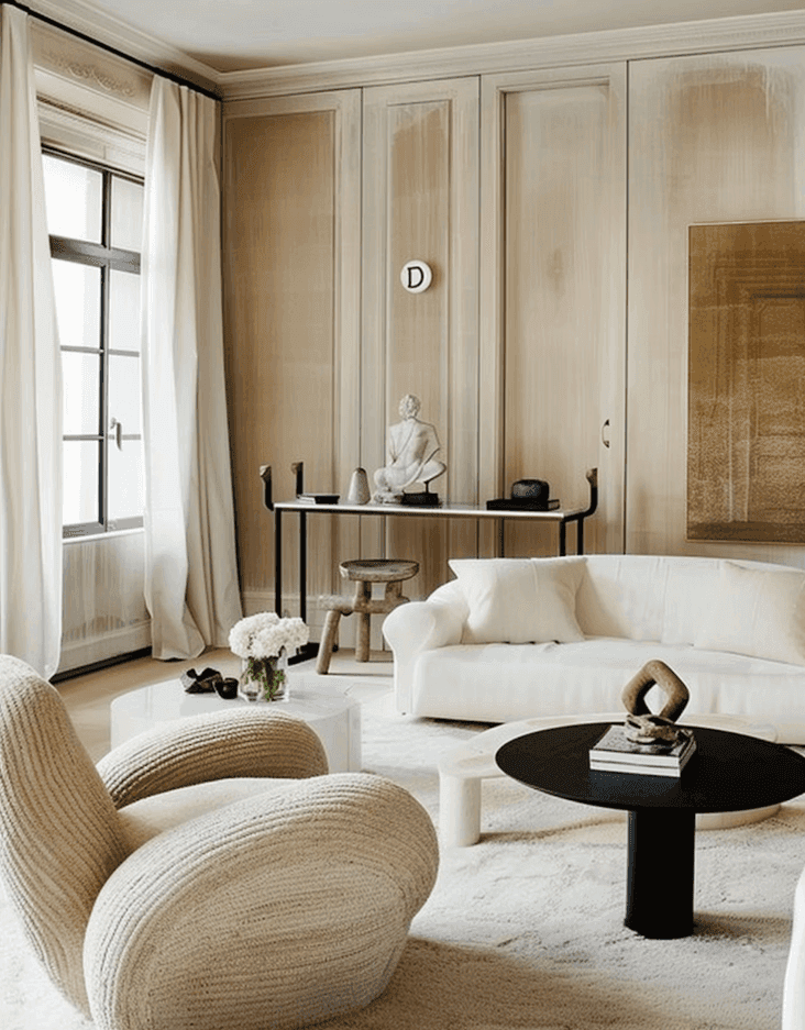 Elegant dining area with tall windows, delicate furniture and soft linen tones