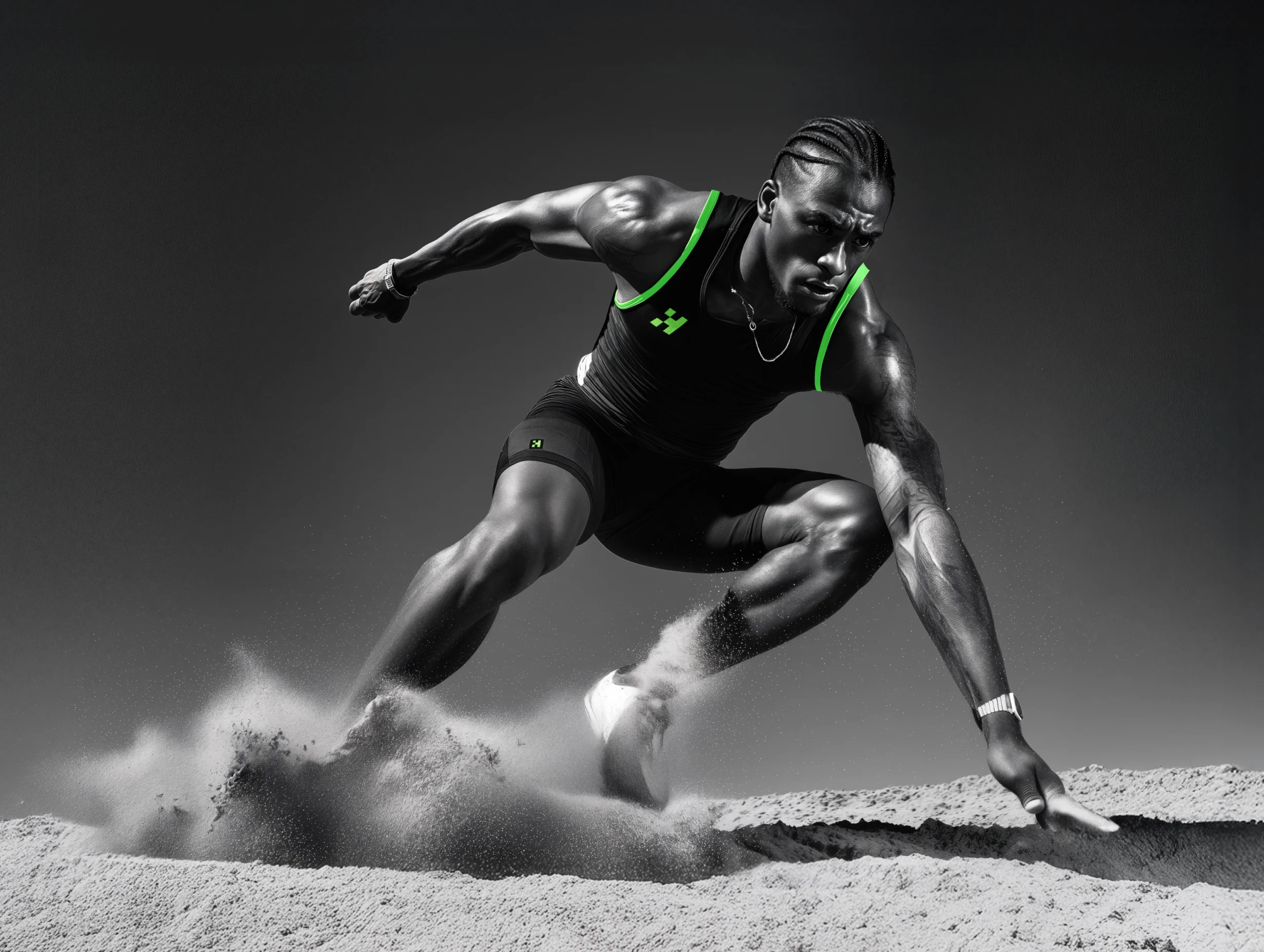 Black and white action photo of an athlete jumping in sand wearing Hyperdrive athletic wear.