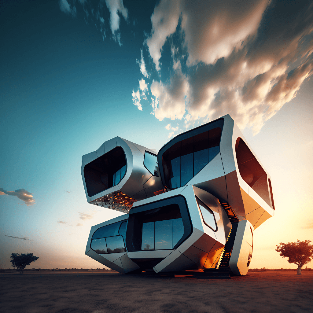 Futuristic sculptural building with stacked geometric volumes and large windows at sunset