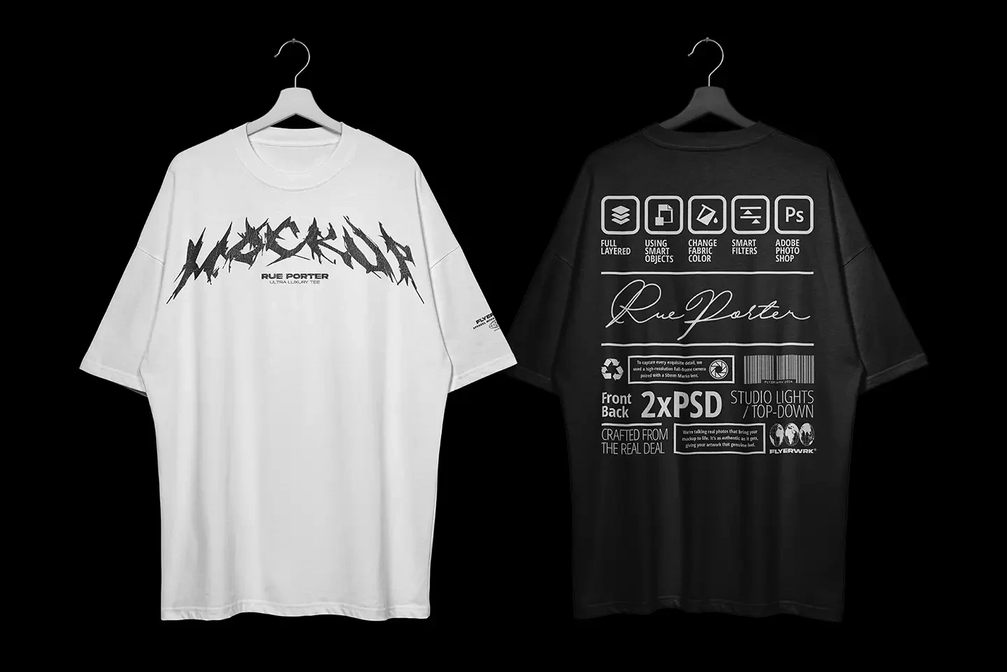 Rue Porter T-Shirt hanging mockup front and back view with customizable design