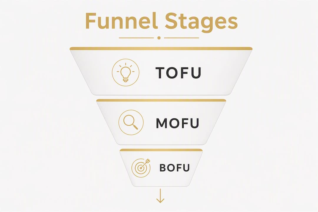 Infographic illustrating B2B funnel stages TOFU, MOFU, BOFU
