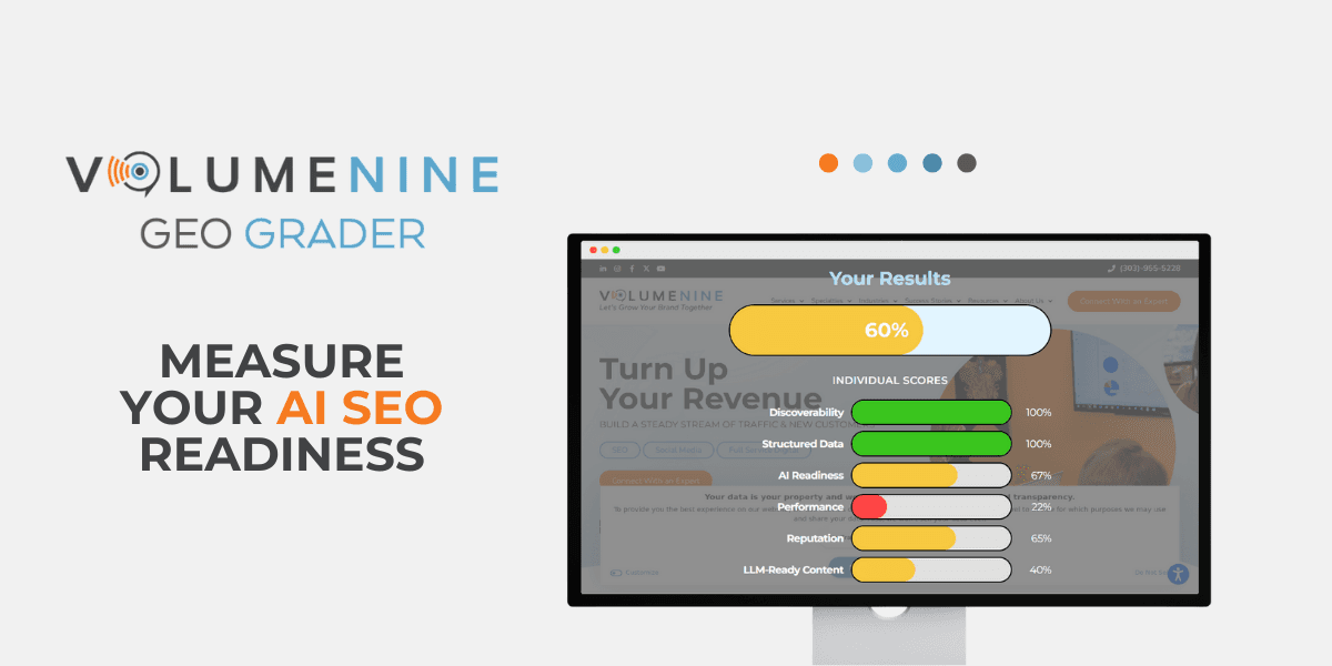 Volume Nine’s GEO Grader tool, helping brands assess AI SEO readiness through practical, actionable website metrics.
