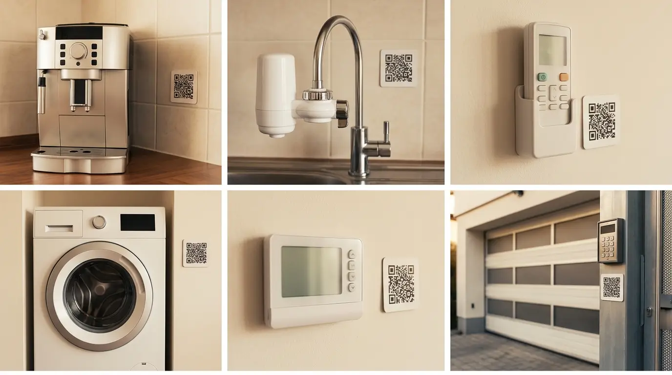 Six examples of QR codes placed beside the objects they explain, including a coffee machine, a water filter, an air conditioning remote, a washing machine, a thermostat and a parking gate.