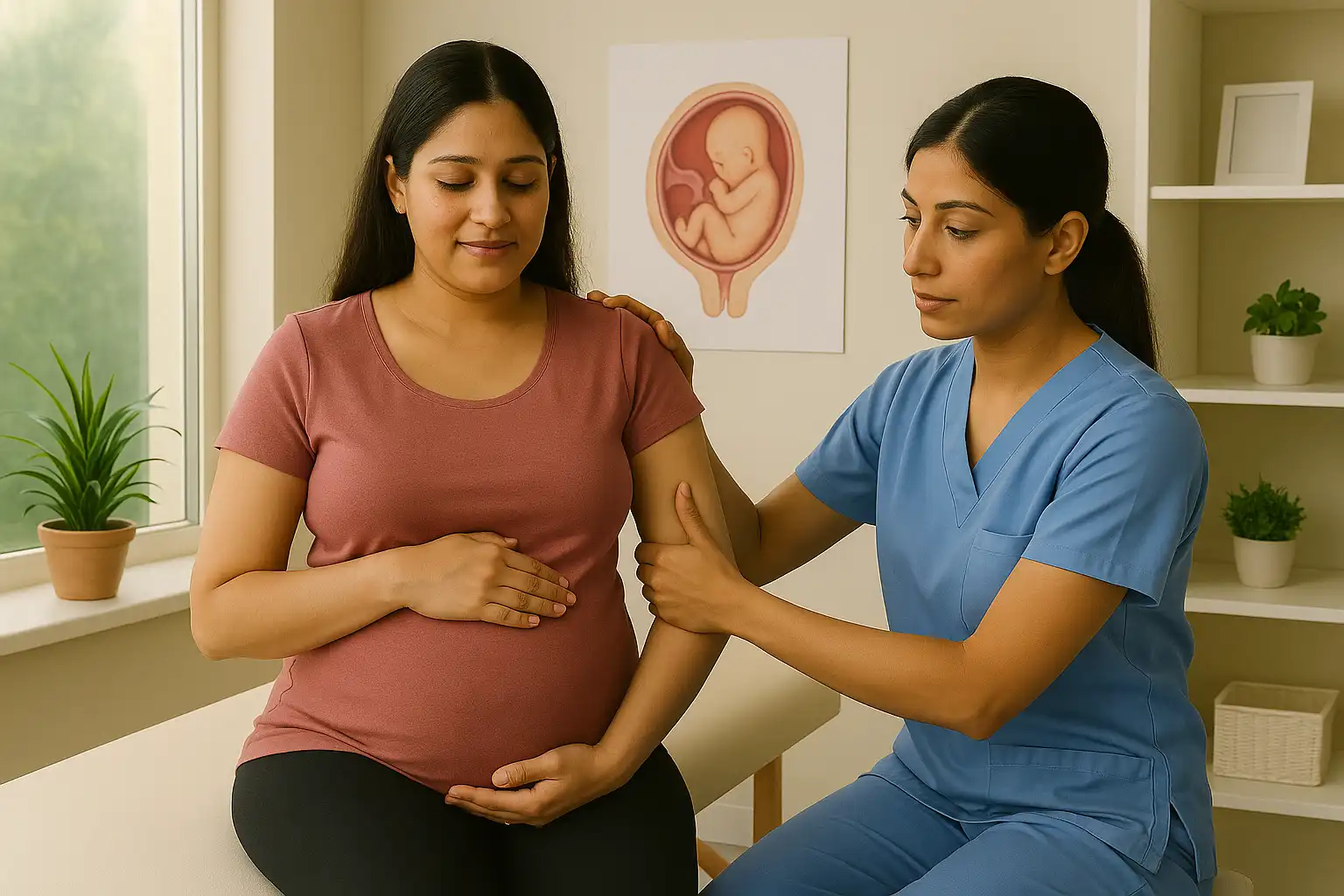 A pregnant woman sitting on an examination table while a healthcare professional gently assesses her shoulder and posture, with a fetal diagram on the wall behind them.