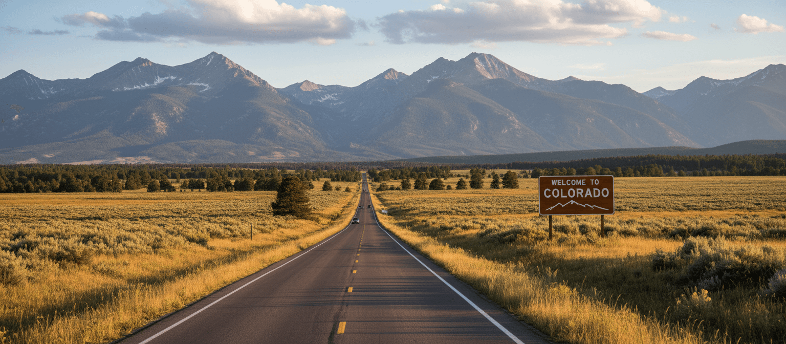 Road with mountains in the background and welcome to colorado sign.