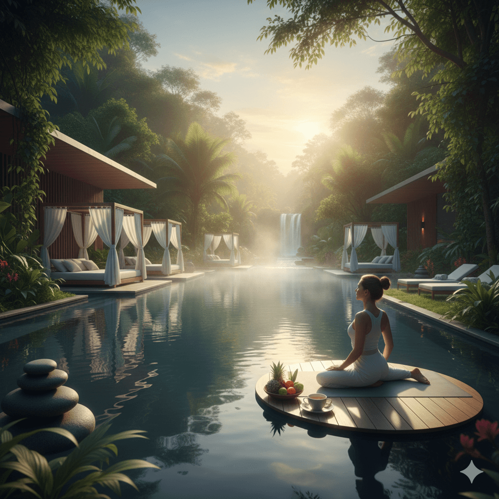 Serene outdoor wellness zone with meditation decks and tranquil greenery in a luxury Gurugram housing complex