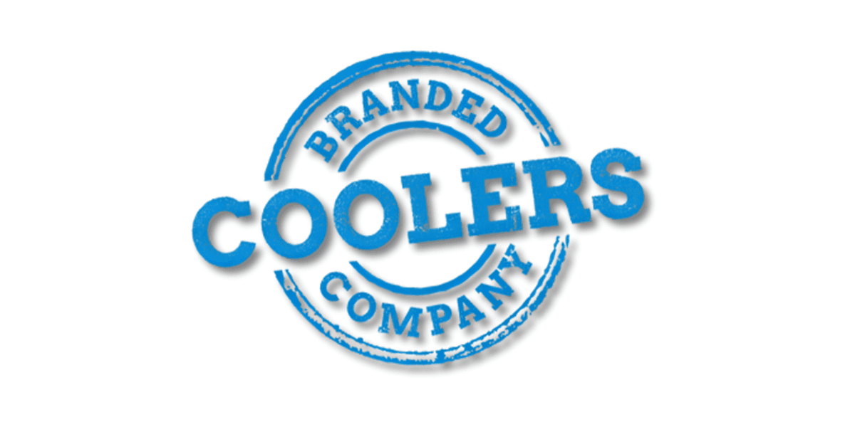 a blue stamped logo for "Branded Coolers Company," emphasizing their premium custom coolers for corporate gifting.