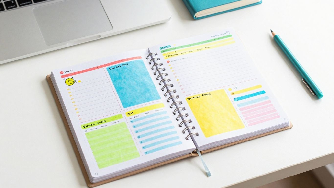 Colorful ADHD visual planner on a desk.