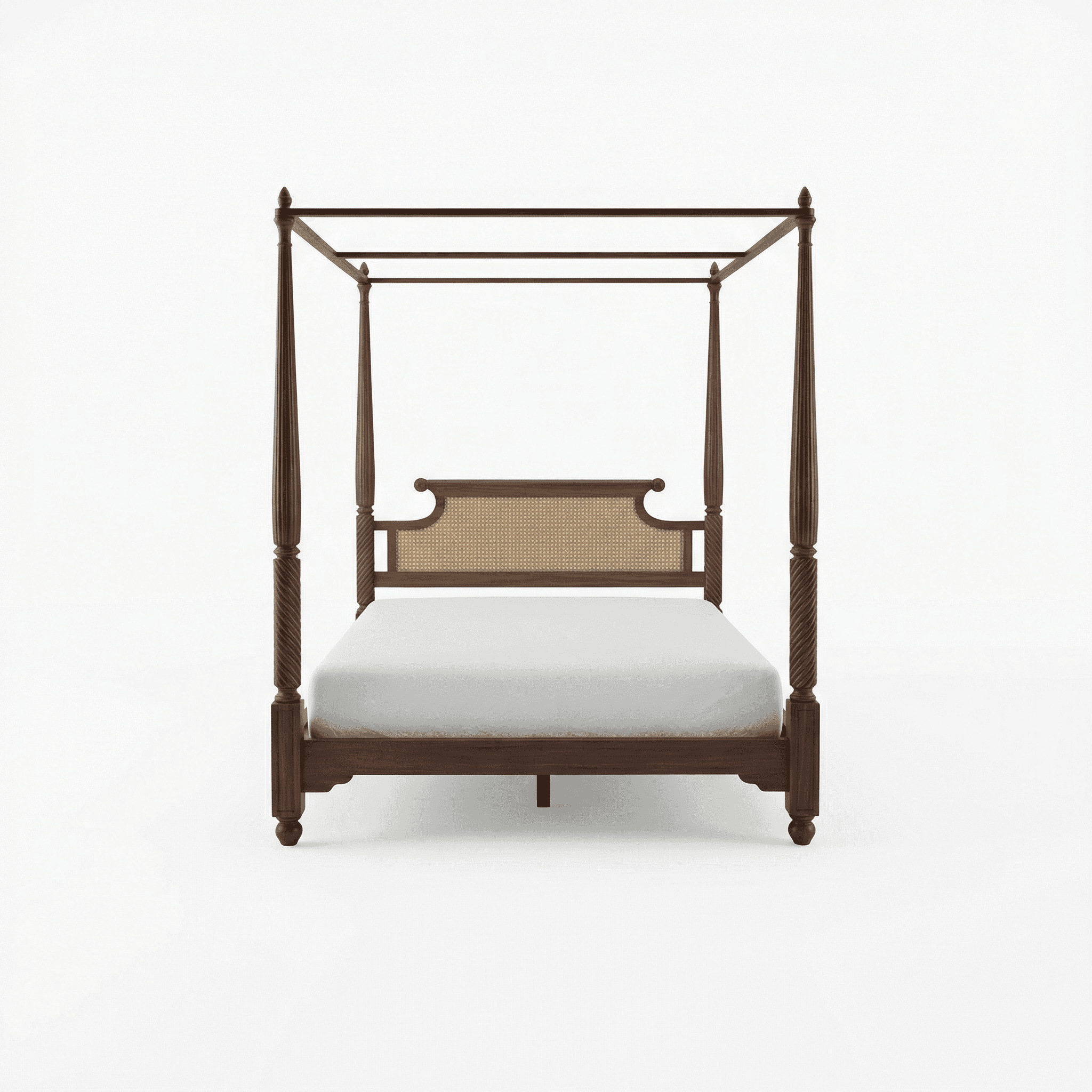 Minimal four‑poster bed with slim vertical posts and open sides
