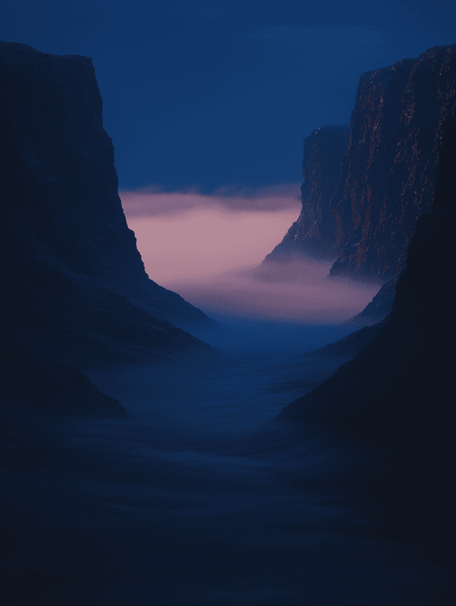 Dramatic canyon landscape at dusk with glowing pink mist rising between towering dark cliffs and a deep blue sky.
