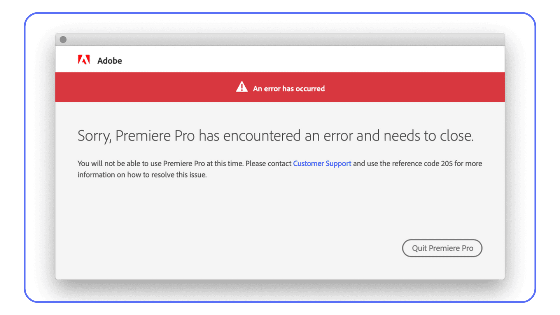 Adobe Premiere Pro error message showing the application has encountered an error and needs to close