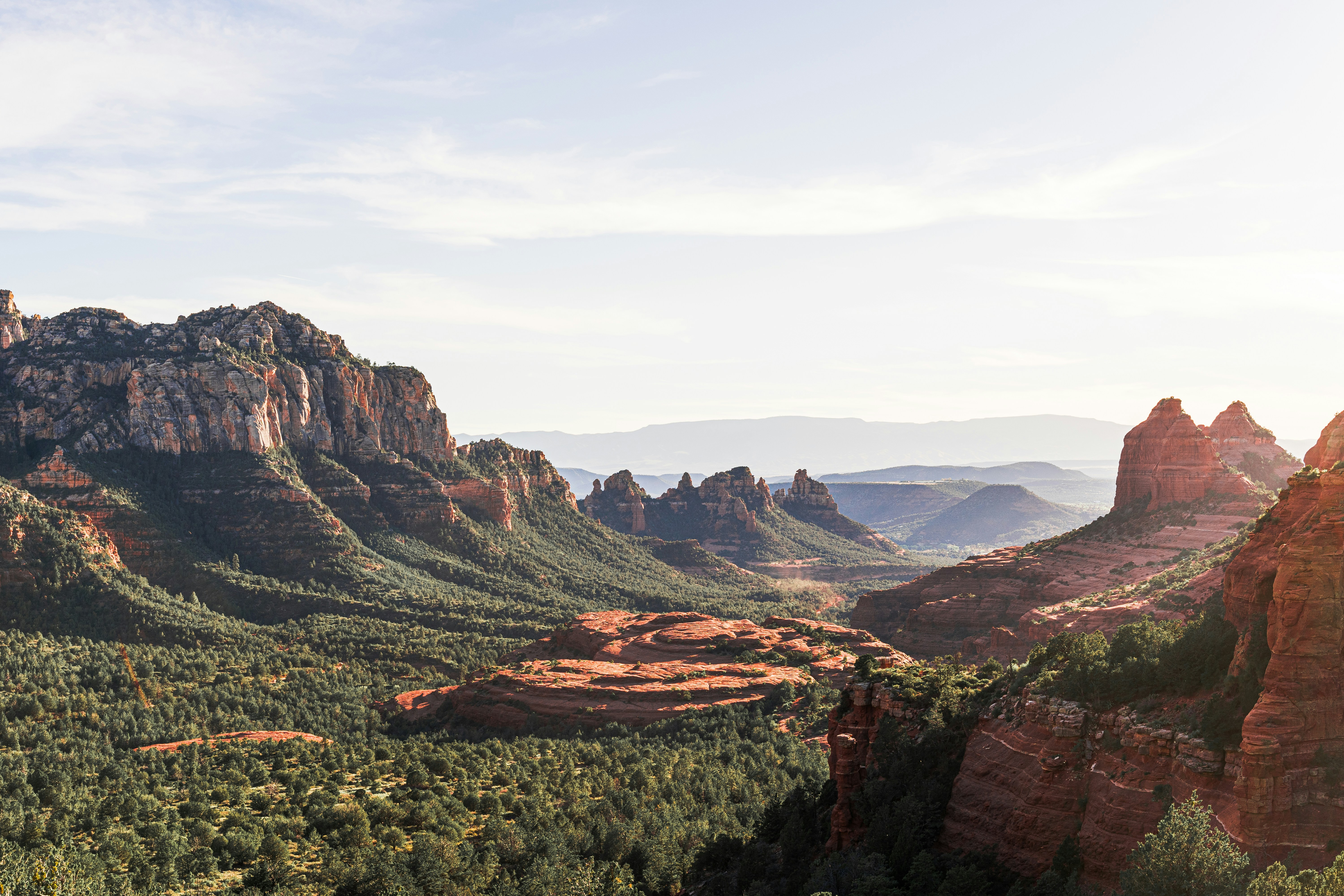 a scenic view of mountains and trees in the distance