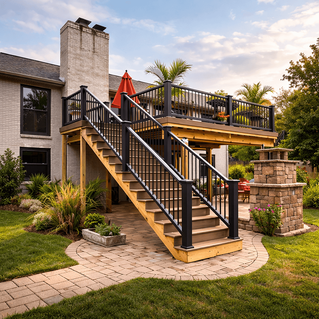 Modern indoor space with large glass doors, lush greenery, and a cozy seating area visible beyond.