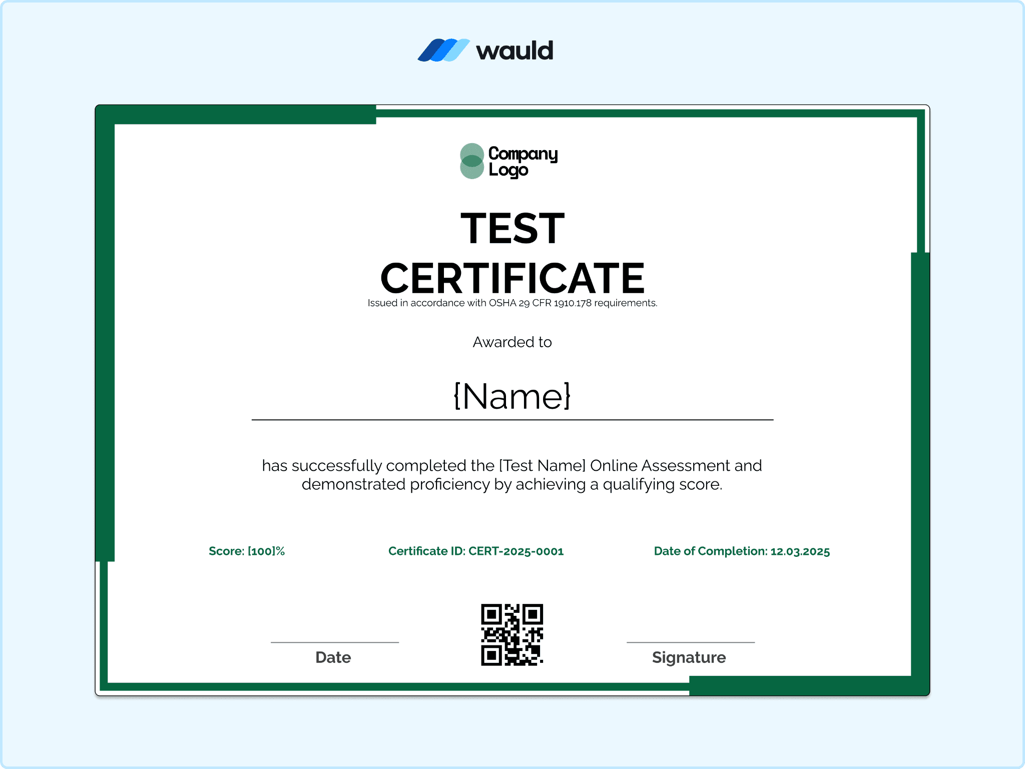 Minimal test certificate template with thin emerald border
