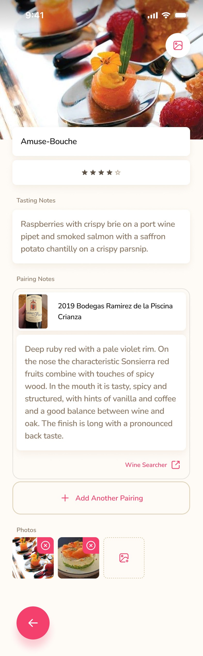 A fully populated course object, including notes, photos, and wine pairing.