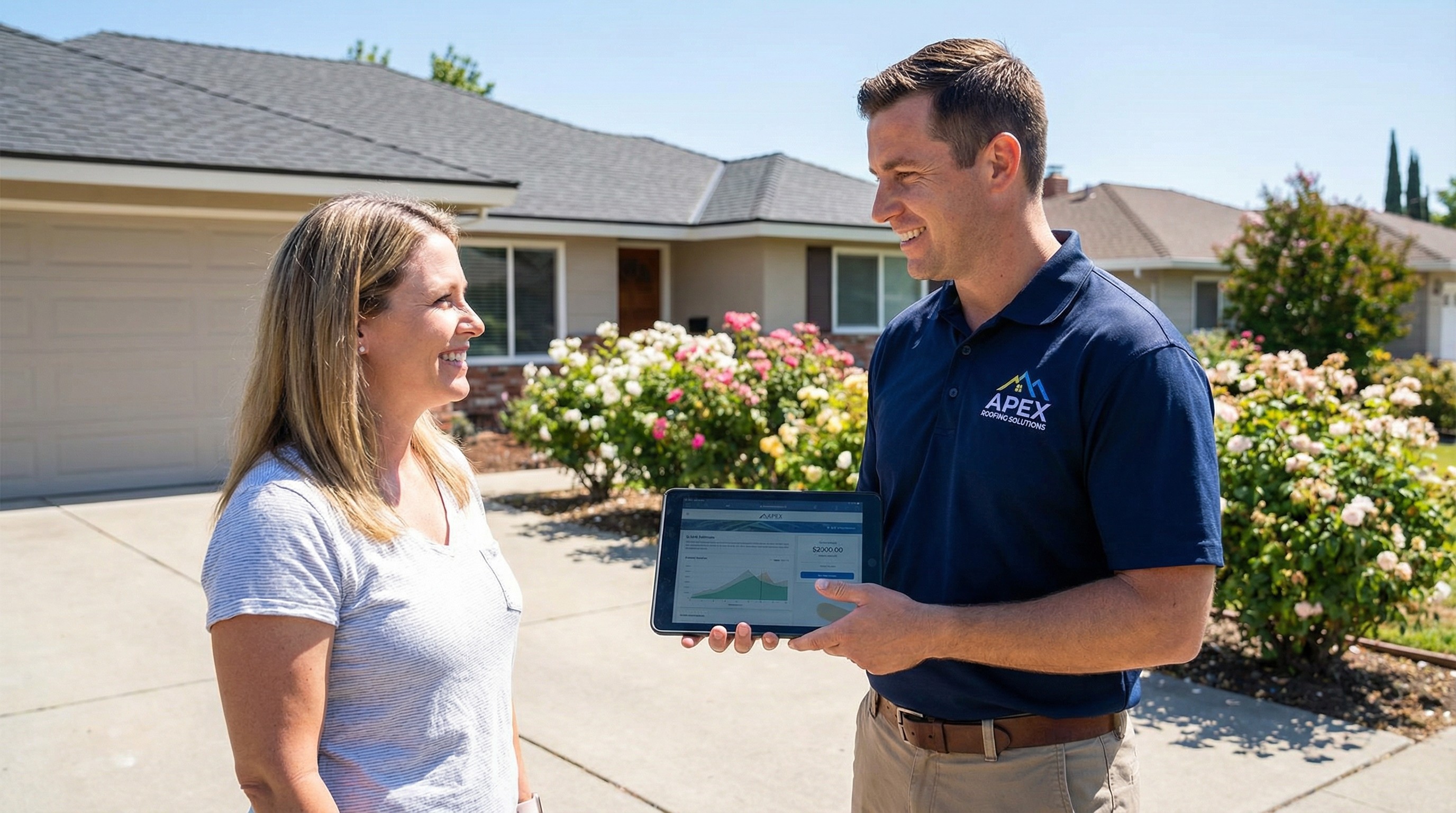 A professional roofing contractor presenting a clear, written estimate to a homeowner.