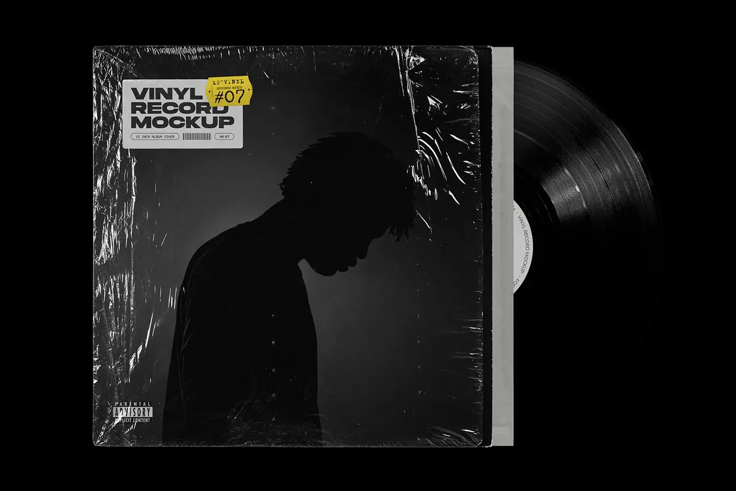 Realistic vinyl record mockup showing plastic wrap album cover and partially visible vinyl