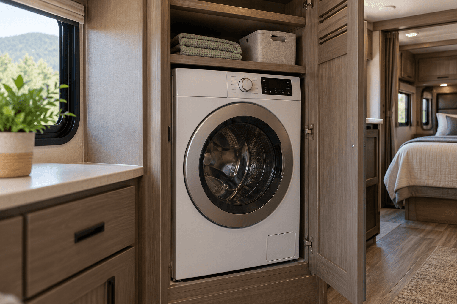 A compact front-loading washer-dryer set into a cabinet in an RV interior.