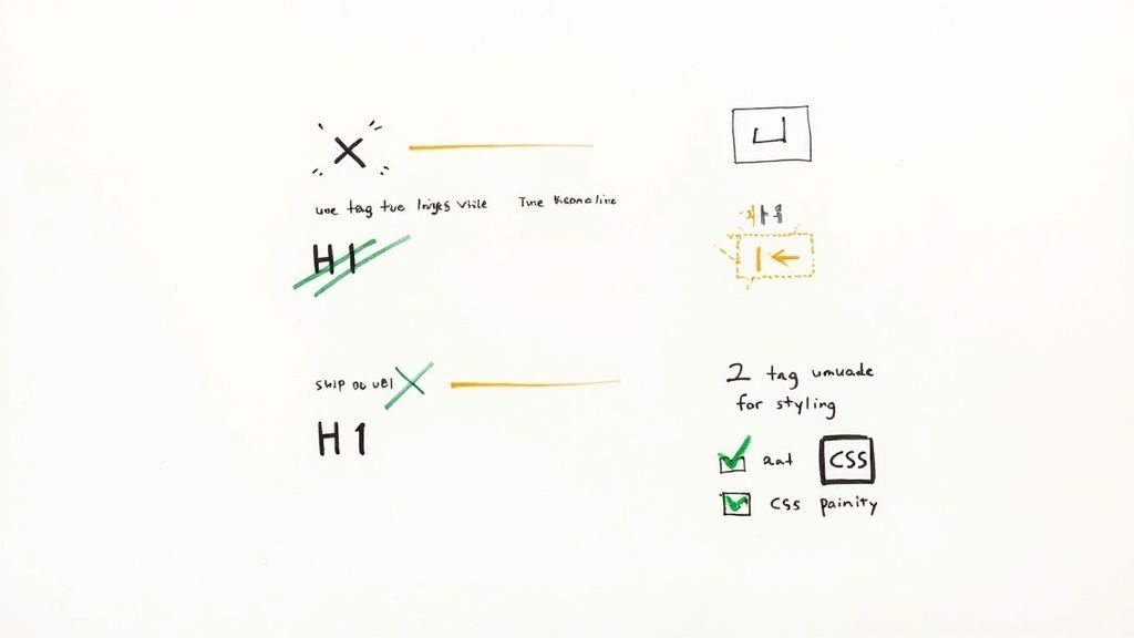 Handwritten diagram illustrating correct and incorrect usage of H1 tags for SEO and web styling with CSS.