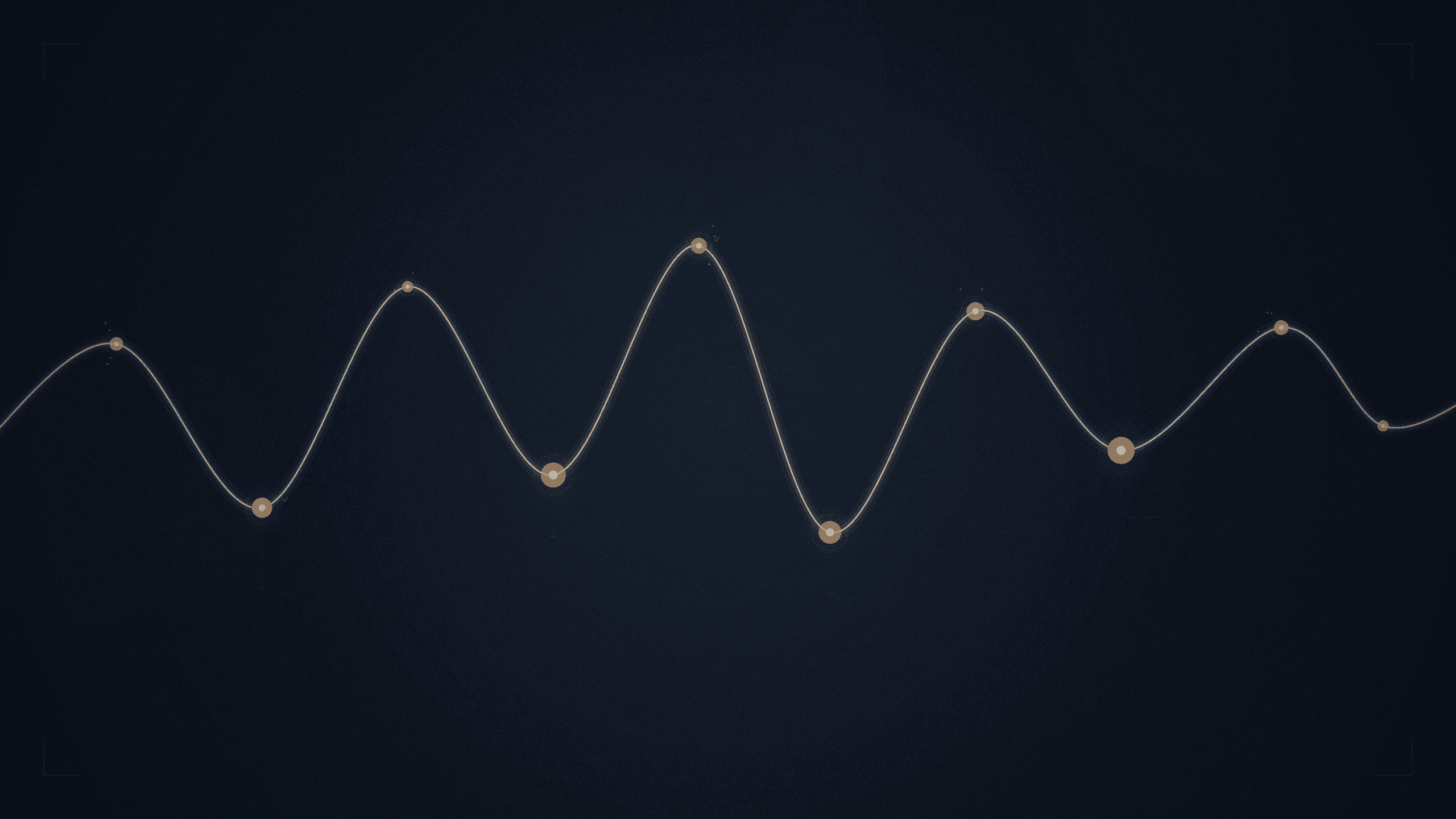 Abstract editorial illustration for a blog post about the cost of reliability in video production. A single continuous ivory line weaves across a deep ink background, passing through brass and coral waypoint nodes of varying sizes that represent completed projects. Thin vertical dashed measurement lines drop from select nodes, while subtle topographic contour textures fill the background. The unbroken thread glows softly, symbolizing an uninterrupted track record of delivery. Corner registration marks and film grain complete the premium data-visualization aesthetic.