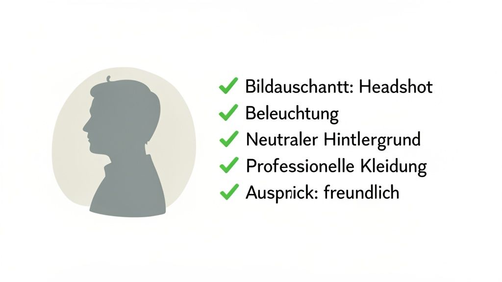 Silhouette eines Mannes neben einer Checkliste für Bewerbungsfotos mit Punkten wie Headshot, Beleuchtung und neutralem Hintergrund.