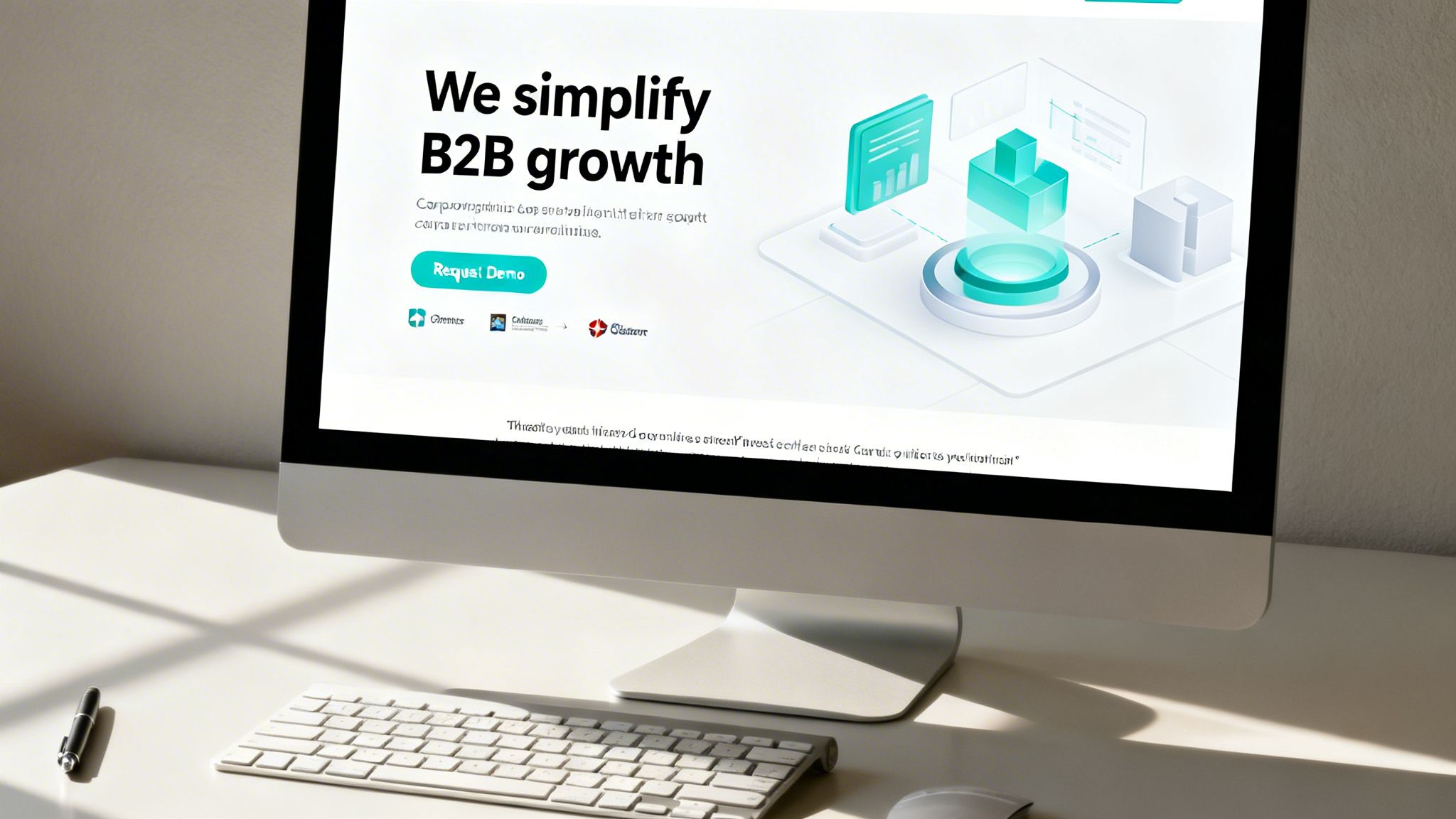 A desktop computer monitor displays a website homepage with 'We simplify B2B growth' on a clean office desk with a keyboard and pen.