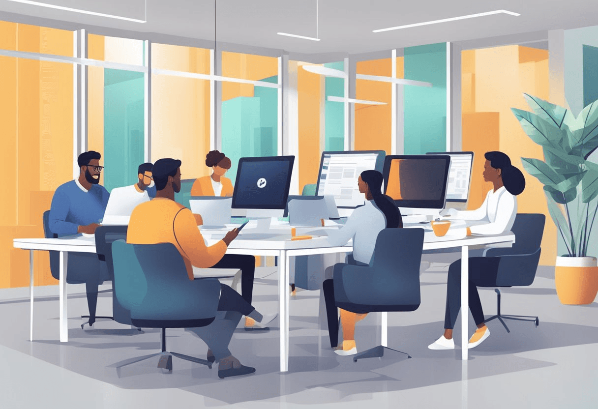 Employees using digital tools, recruiters reviewing resumes, and jobseekers learning digital skills in a modern office setting