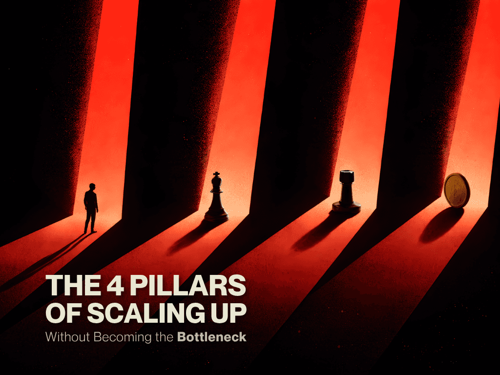 Blog cover image: a lone CEO figure stands before four illuminated pillars representing the 4 pillars of scaling up without becoming the bottleneck — leadership, structure, execution, and cash. — Rajesh Nagjee