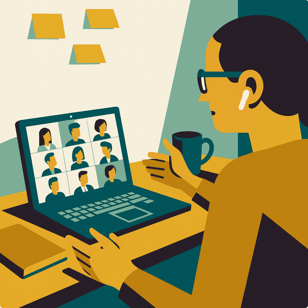 Donna seduta sul divano partecipa a una sessione di coaching online tramite videochiamata sul laptop