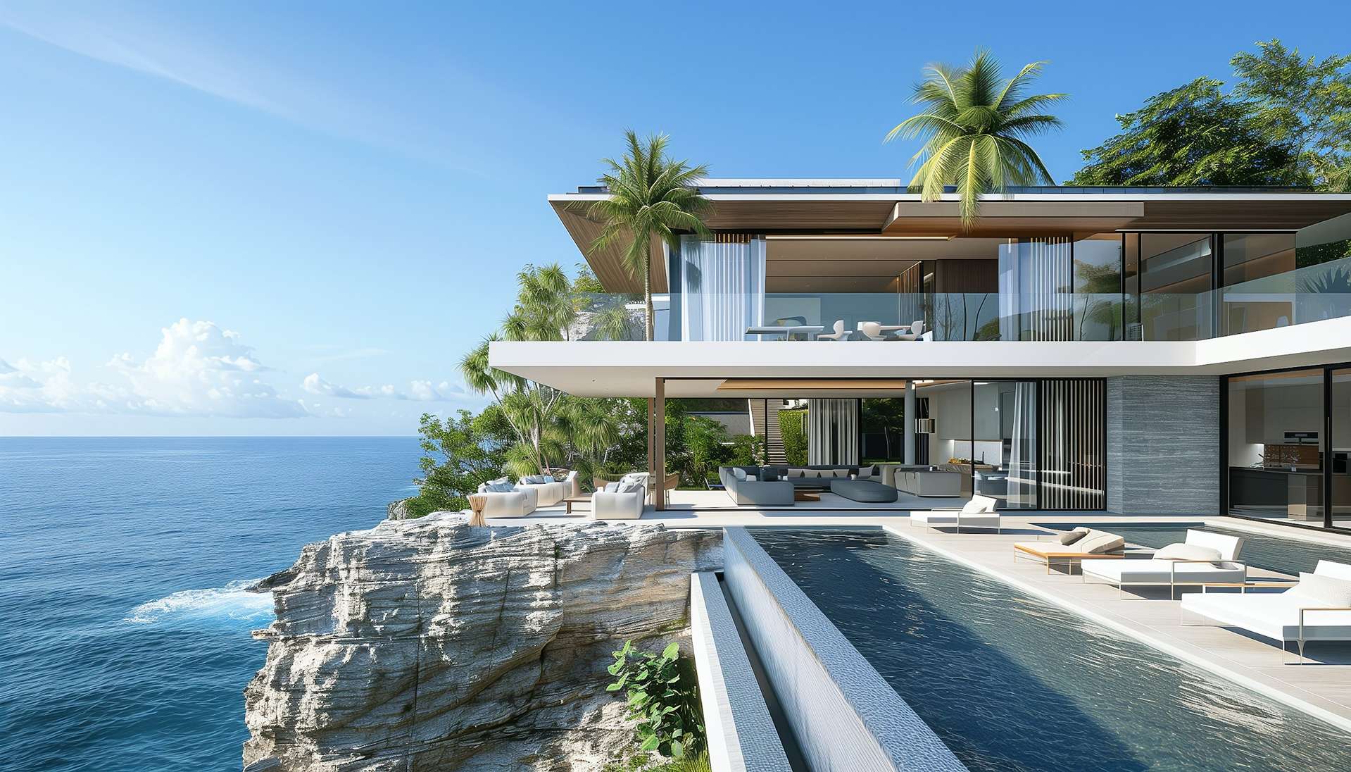 A modern coastal house with palm trees and a pool