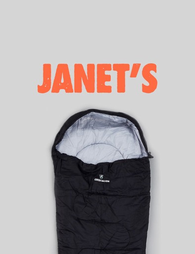 A sleeping bag with Janet's written above it