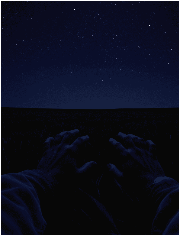 Yıldızlı gecede çimenlikte uzanan kişi; rüyada göğe uzanan eller — Asteria rüya görselleştirme 1/4.
