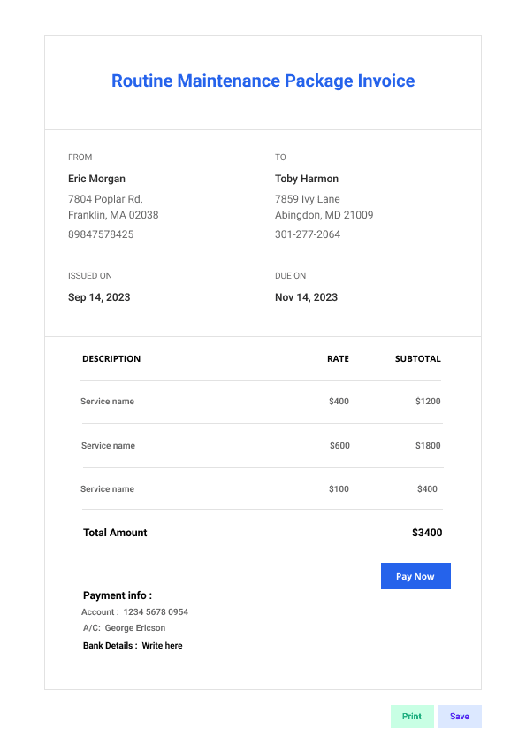 Routine Maintenance Package Invoice